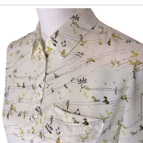 Madewell Boyfit Birds Life 100% Silk Crepe Delicate Cream yellow button down Sm - Picture 9 of 11